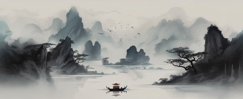 景观树飞鸟略过江面中国风意境水墨画背景,插画/手绘图,插画/手绘图库,插画/手绘图下载,插画/手绘